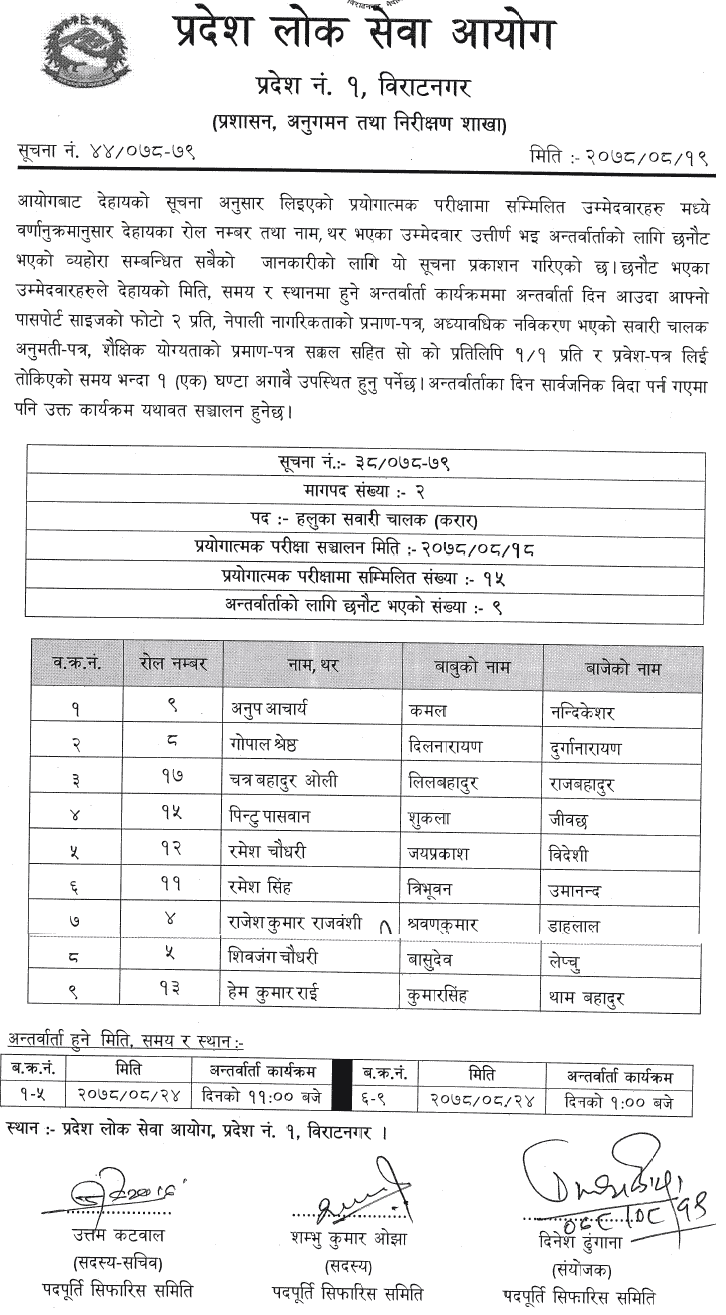 Pradesh 1 Lok Sewa Aayog Published Result of Light Vehicle Driver (contract) Experimental Test