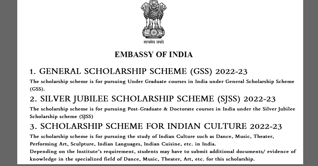 Indian Embassy Nepal Call to Apply for Scholarship (ICCR GSS SJSS) 2022-23