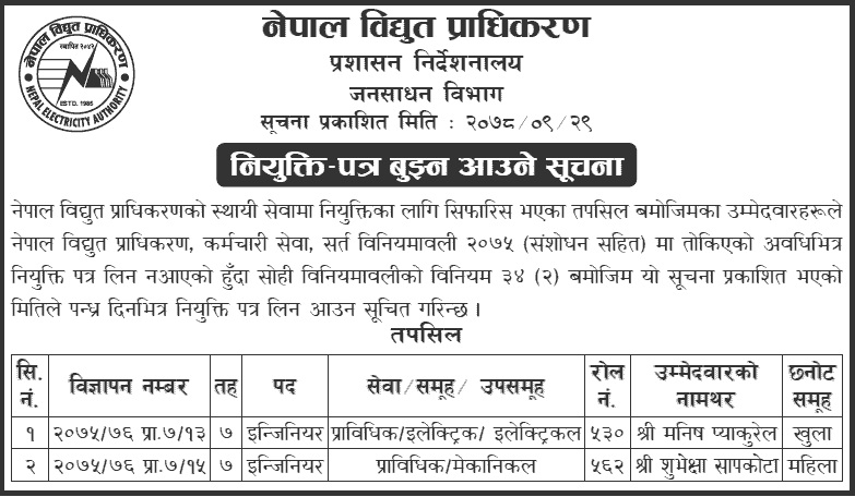 Nepal Electricity Authority Call to Obtain Appointment Letter