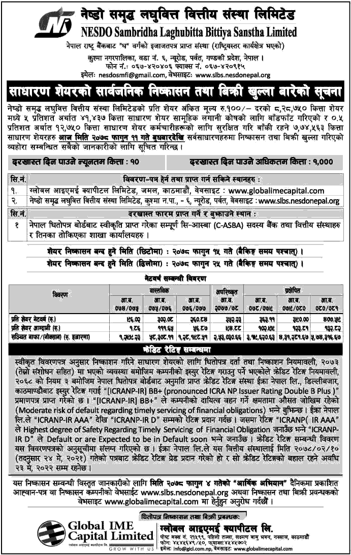 NESDO Sambridha Laghubitta Call to Apply for IPO