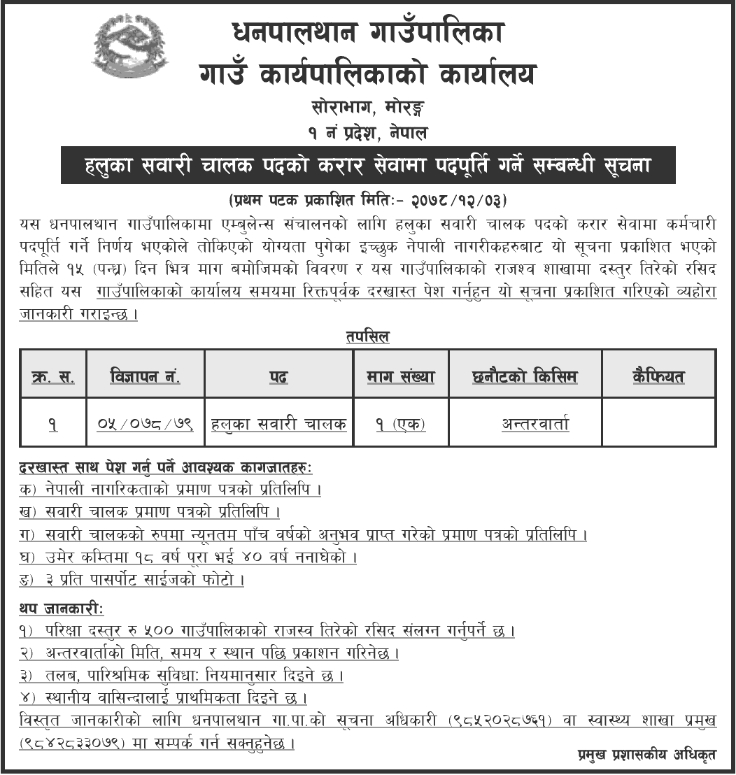 Dhanpalathan Rural Municipality Vacancy for Light Driver