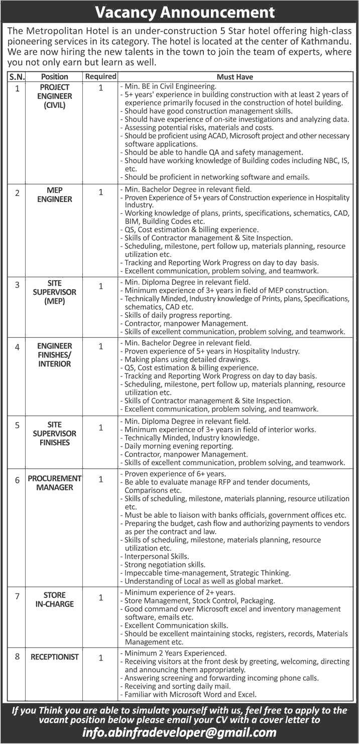 Metropolitan Hotel Kathmandu Vacancy for Engineering Services