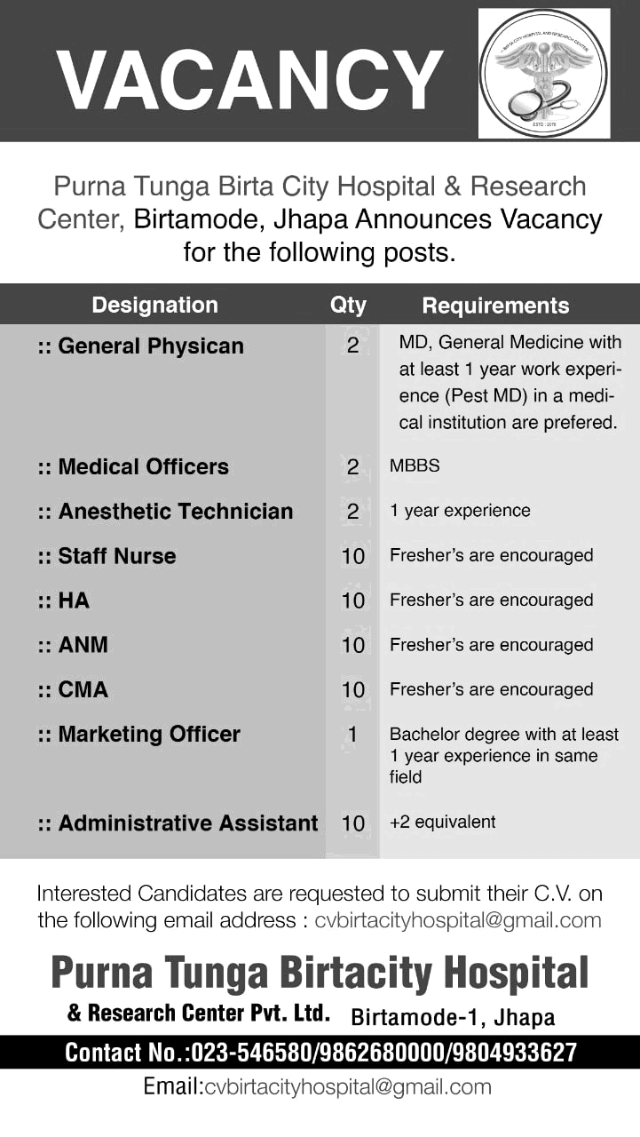 Purna Tunga Birta City Hospital Vacancy for Various Health Positions