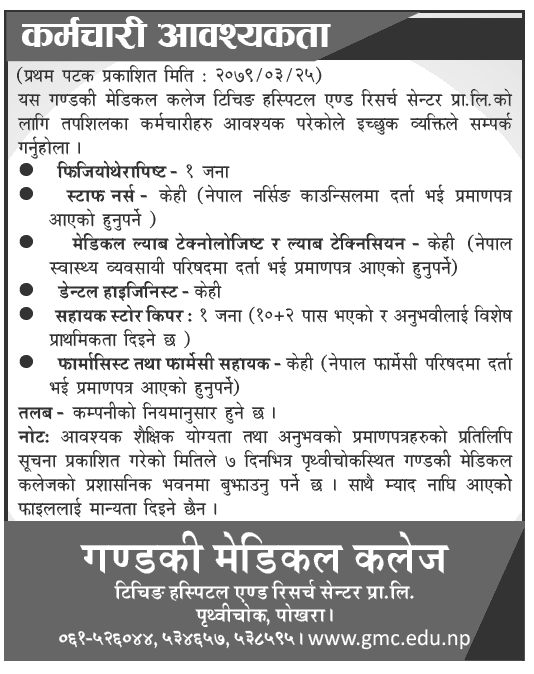 Gandaki Medical College Job Vacancy for various Positions