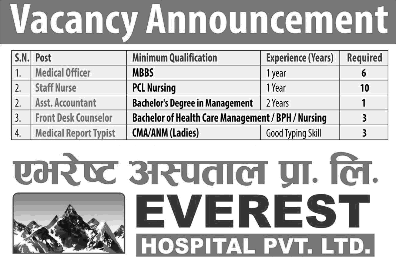 Everest Hospital Vacancy for MO, Nurse, Ass. Accountant, Front Desk Counselor, Medical Report Typist