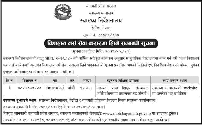 Ministry of Health, Bagmati Pradesh Vacancy for School Nurse (Total 92)