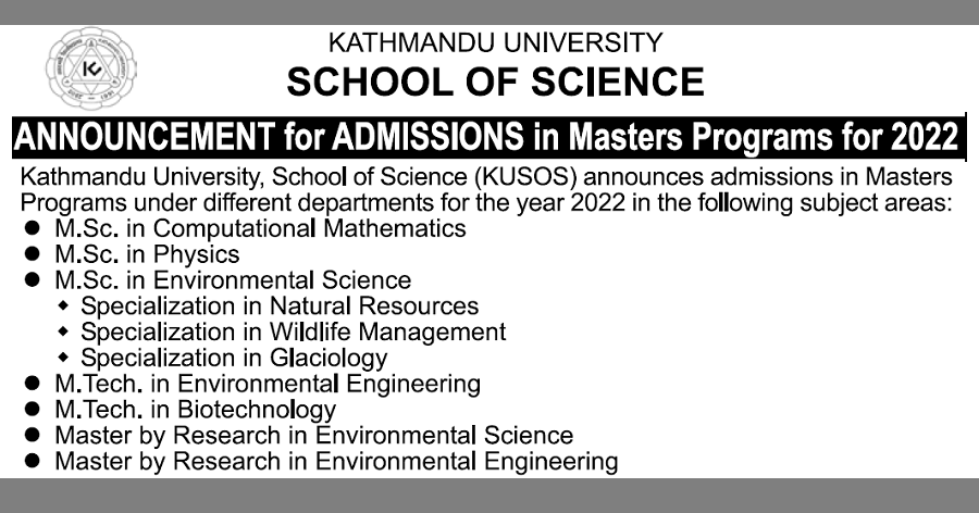 Master Level Admission Open from Kathmandu University School of Science