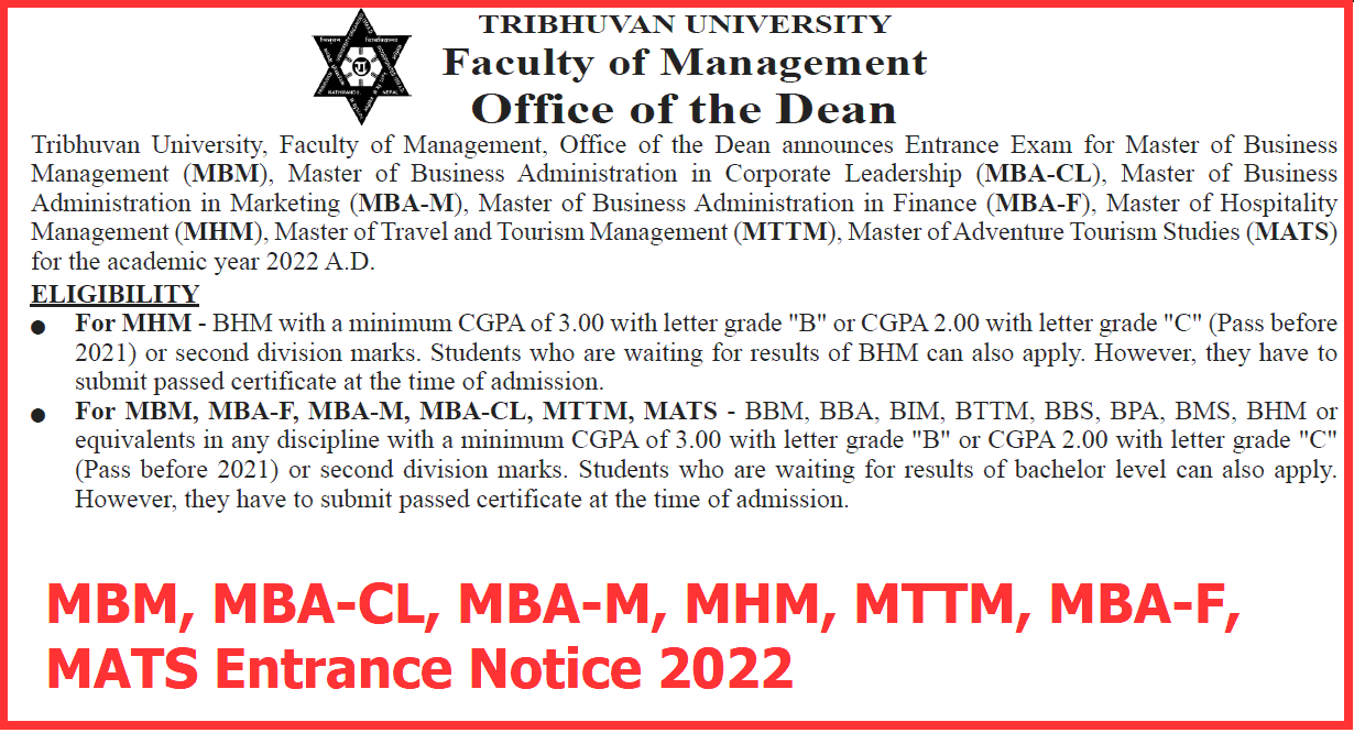 MBM, MBA-CL, MBA-M, MHM, MTTM, MBA-F, MATS Entrance Notice 2022