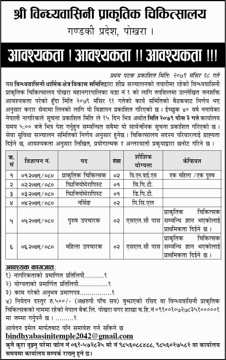 Vindhyavasini Naturopathy Hospital Vacancy Announcements for Various Positions