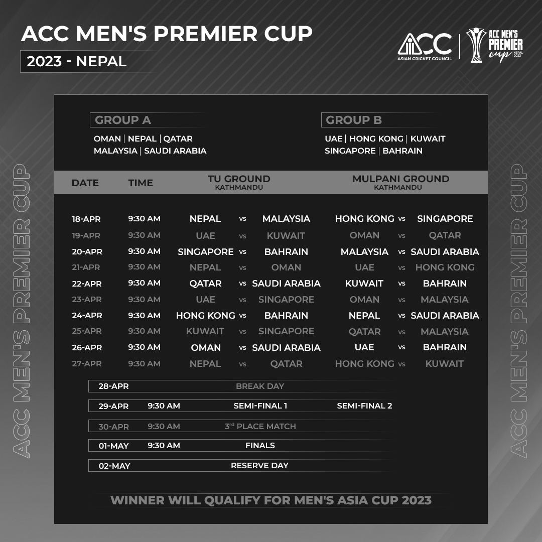 ACC Men's Premier Cup 2023 Schedule