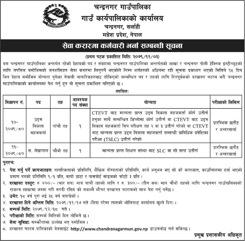 Job Vacancies for EDF and Assistant Accountant at Chandranagar Rural Municipality