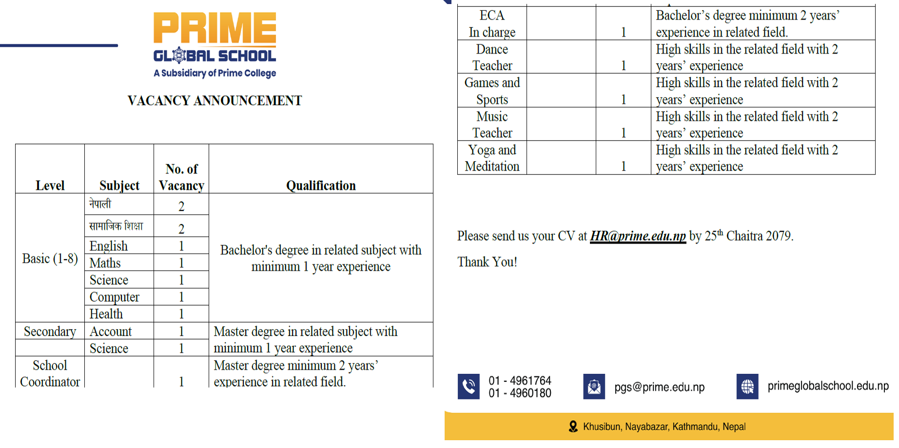 Prime Global School Vacancy for Teachers