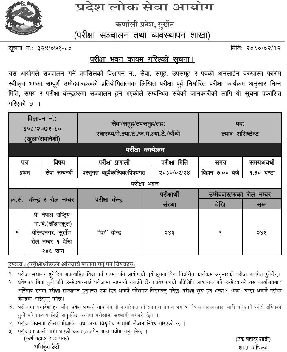 Karnali Pradesh Lok Sewa Aayog Exam Center of Lab Assistant