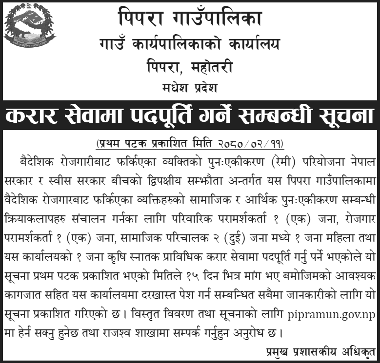 Pipra Rural Municipality Vacancy for Various Positions