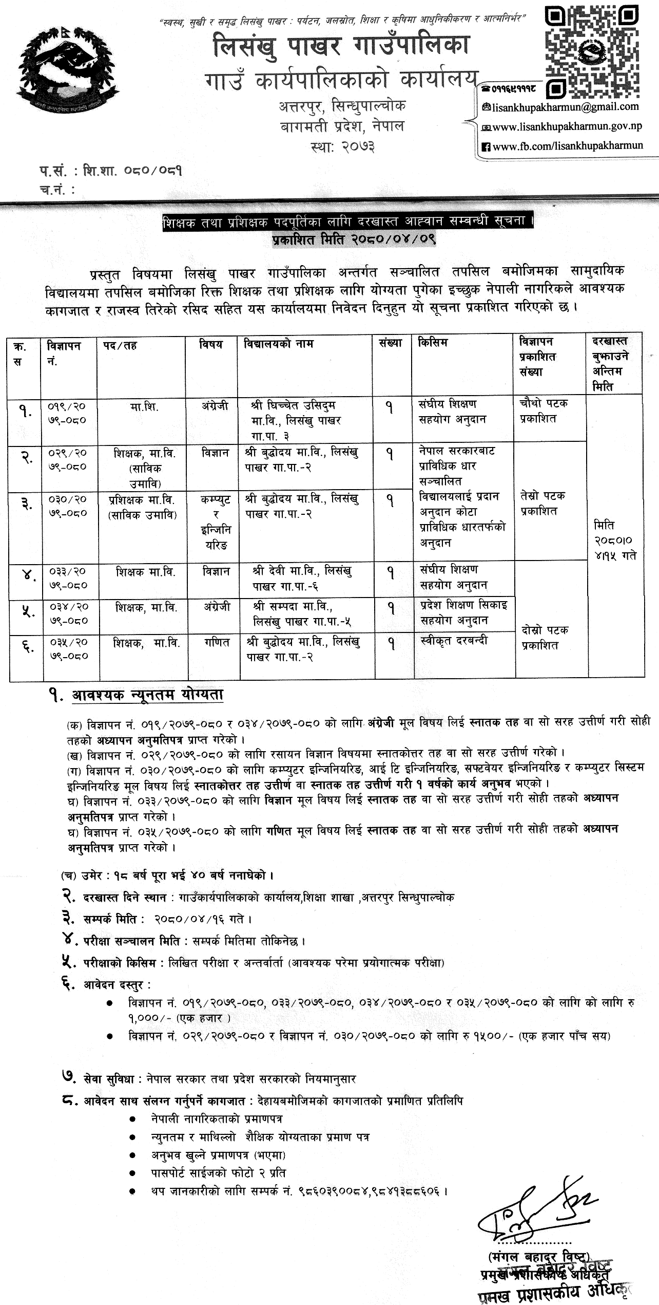 Lisankhu Pakhar Rural Municipality Vacancy for Secondary Level Teacher