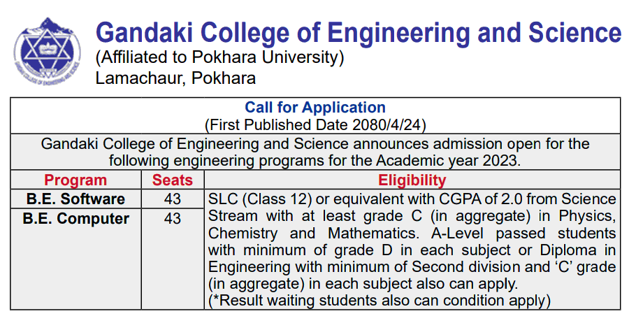 BE Admission at Gandaki College of Engineering and Science (GECS)