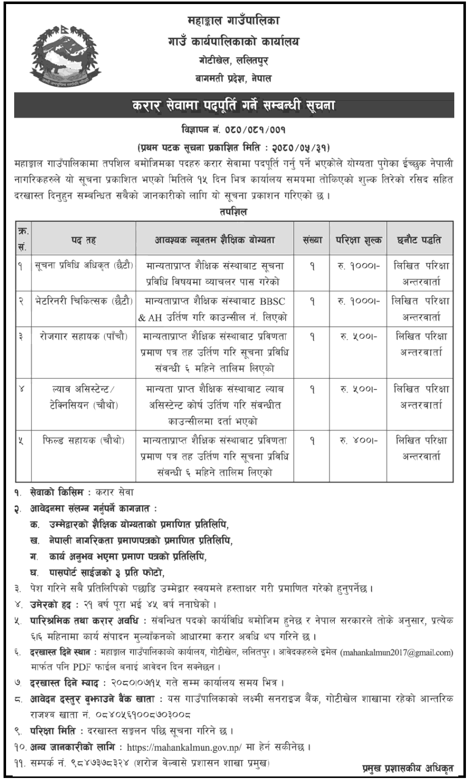 Mahankal Rural Municipality Vacancy for Various Positions
