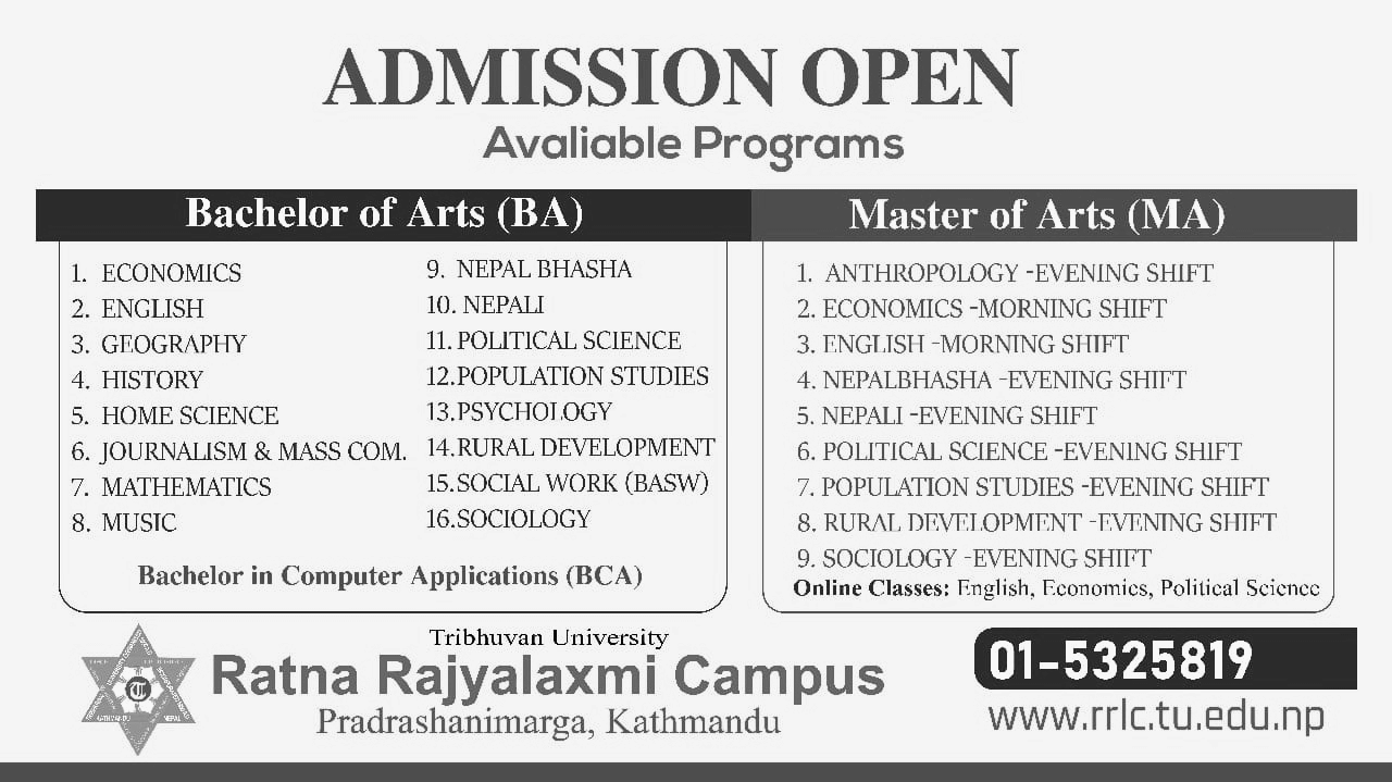 BA, BASW, BCA, MA Admission Open 2080 at Ratna Rajyalaxmi Campus (RR Campus)