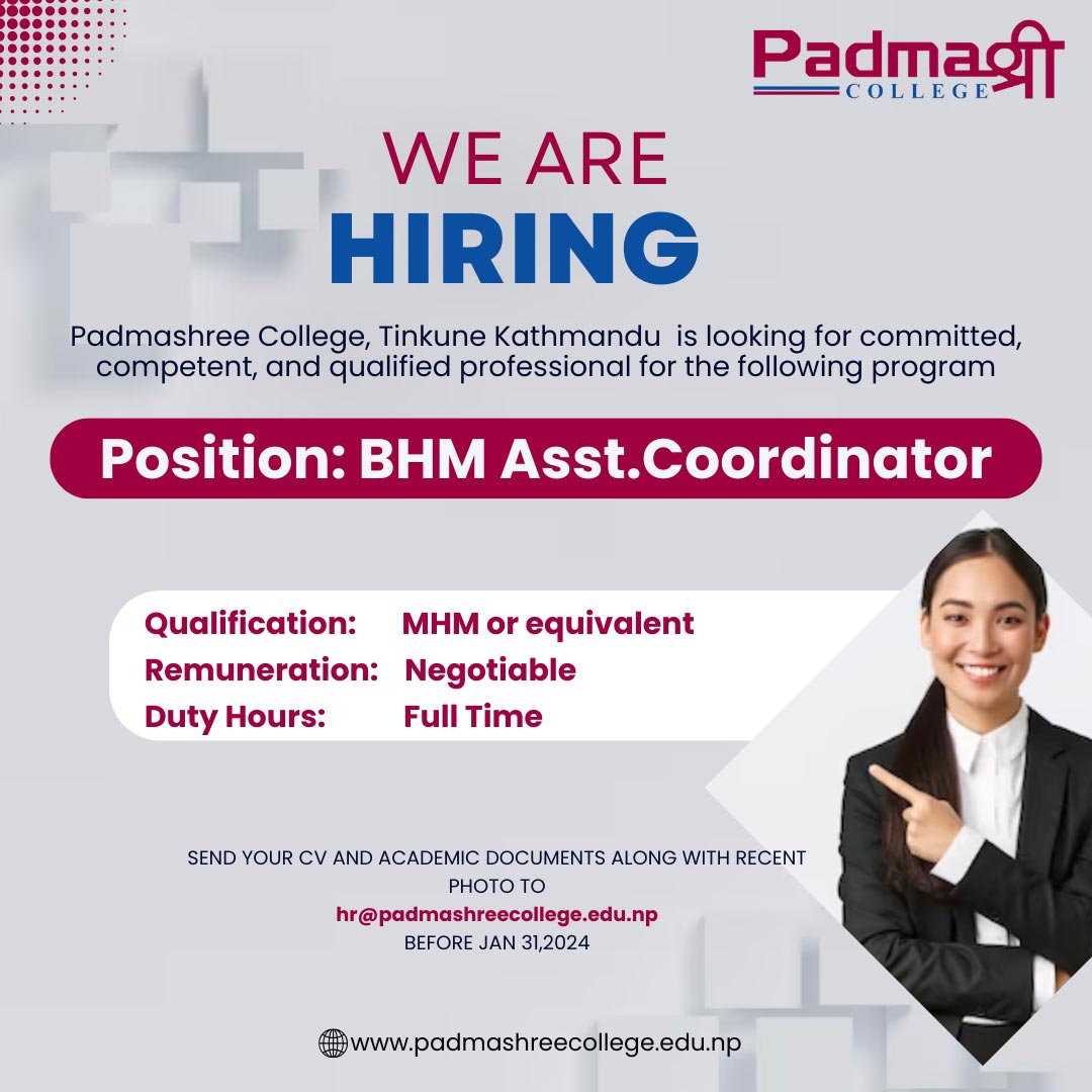 Padmashree College Vacancy for BHM Assistant Coordinator