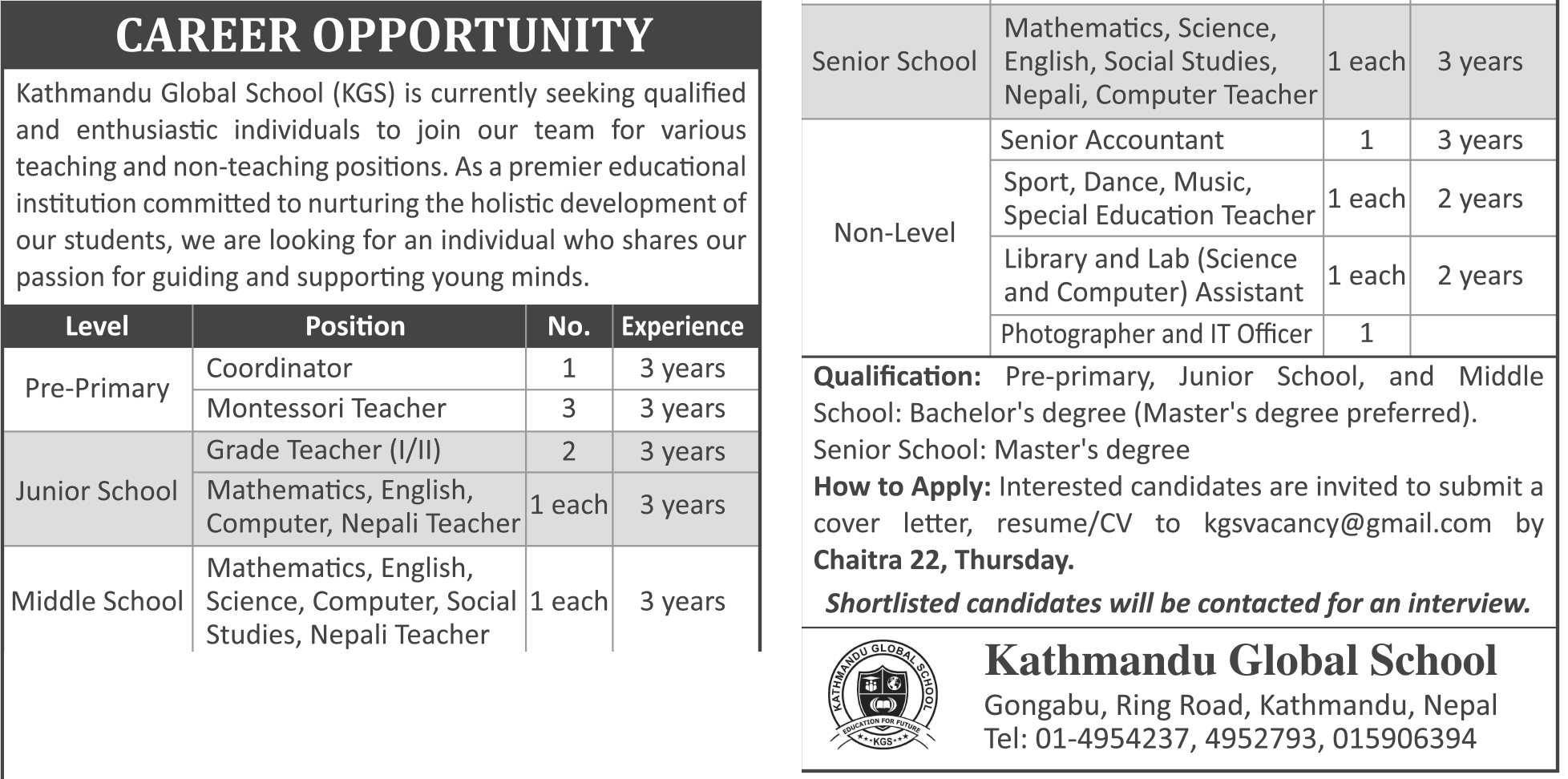 Kathmandu Global School (KGS) Vacancy for Teacher and Staff 2080