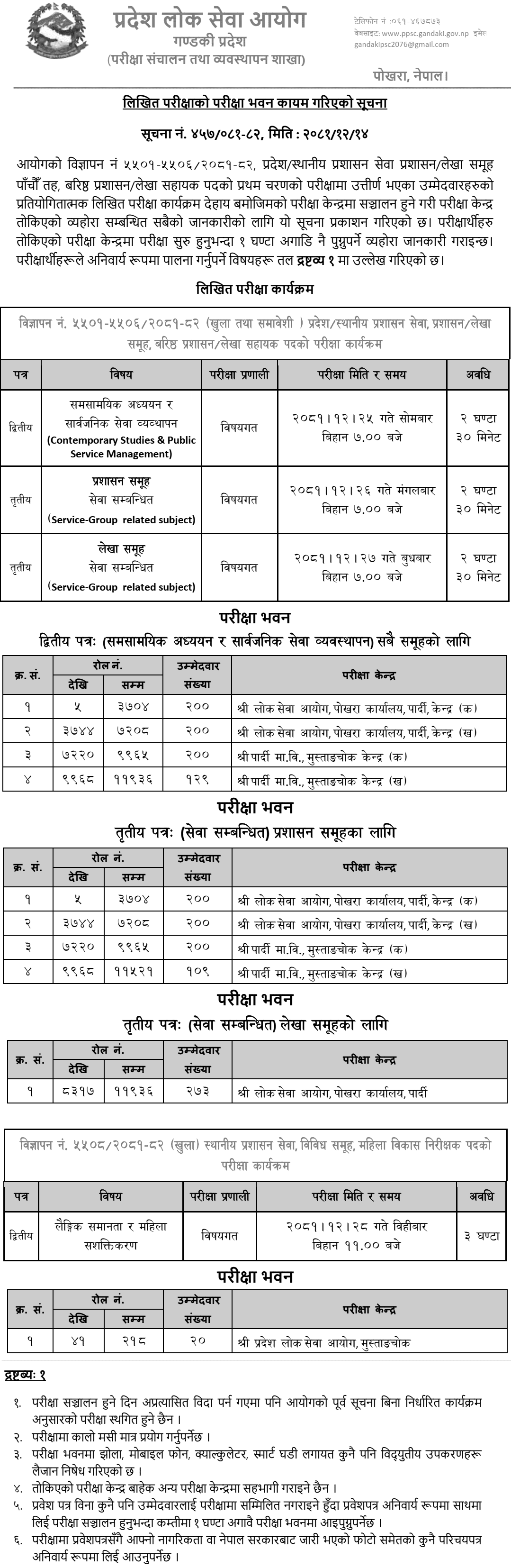 PPSC Gandaki Written Exam Centers of 5th Level Assistant 2081 