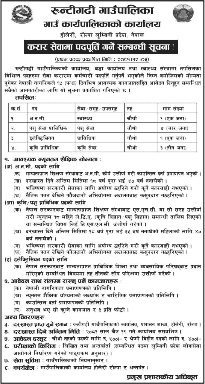Runtigadhi Rural Municipality Vacancy for Various Positions 2081 