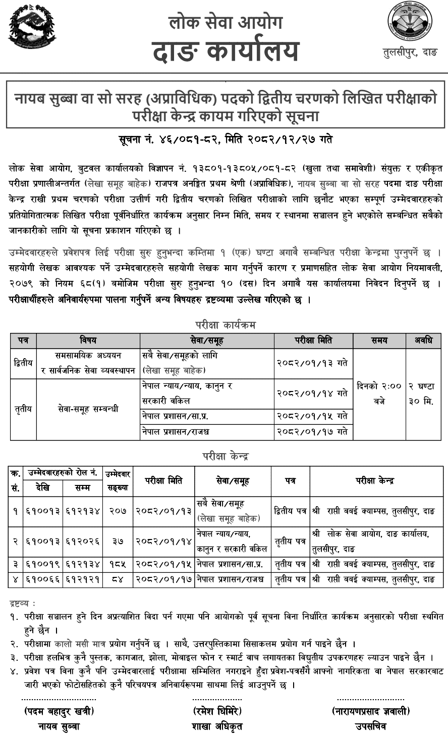 Lok Sewa Aayog Dang Nayab Subba Second Phase Exam Centers 