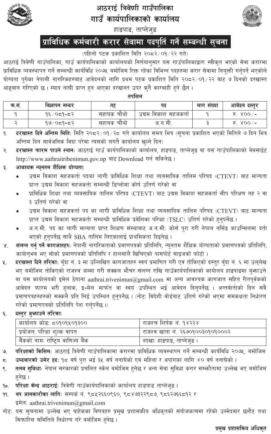 Aathrai Triveni Gaupalika Vacancy for ANM and EDF 2082 