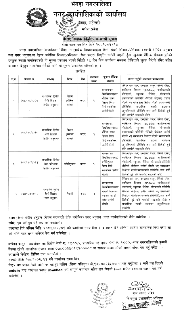 Bhanga Municipality Contract Teacher Vacancy 2082 