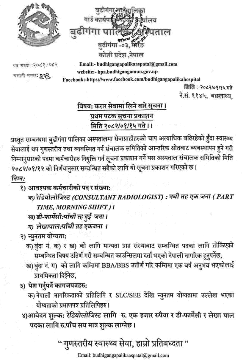 Budhiganga Palika Hospital Vacancy for Contract-Based Staff 