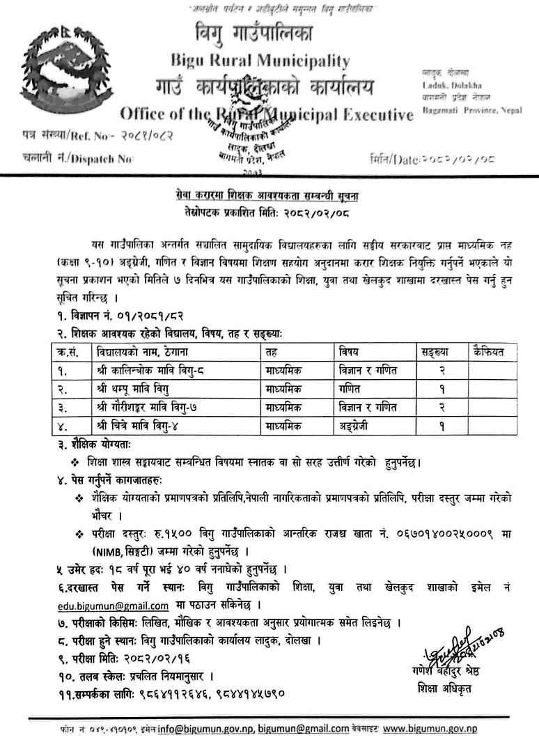 Contract Teacher Vacancy in Bigu Rural Municipality 
