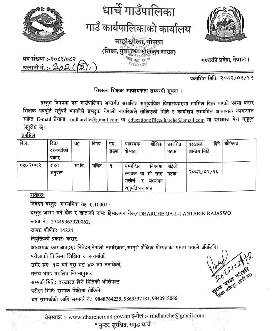 Dharche Rural Municipality Math Teacher Vacancy 2082 