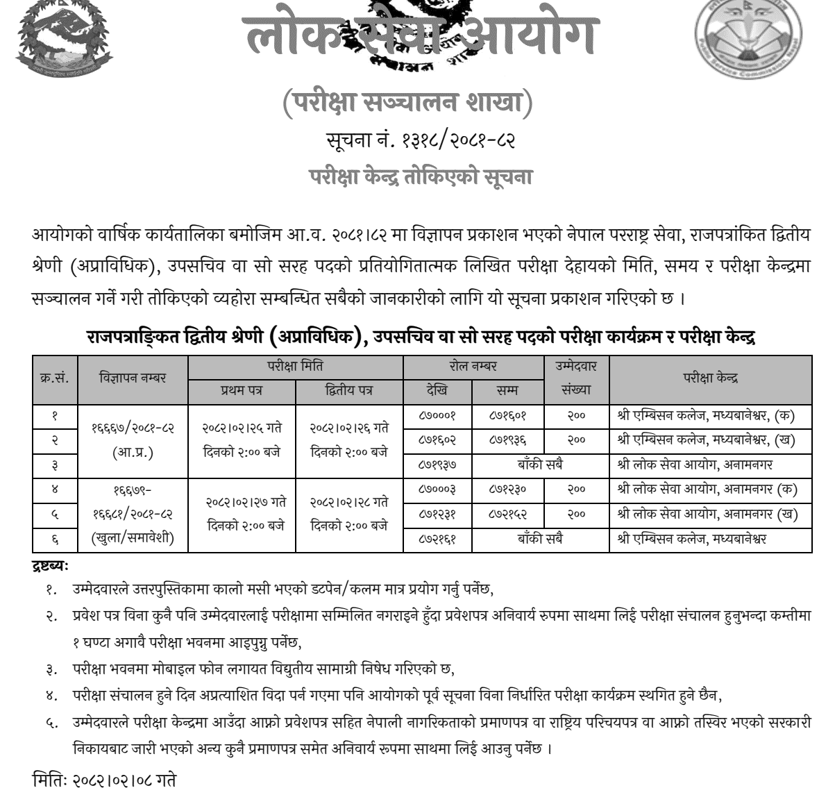 Exam Centers for Foreign Affairs Upa Sachiv 2082 