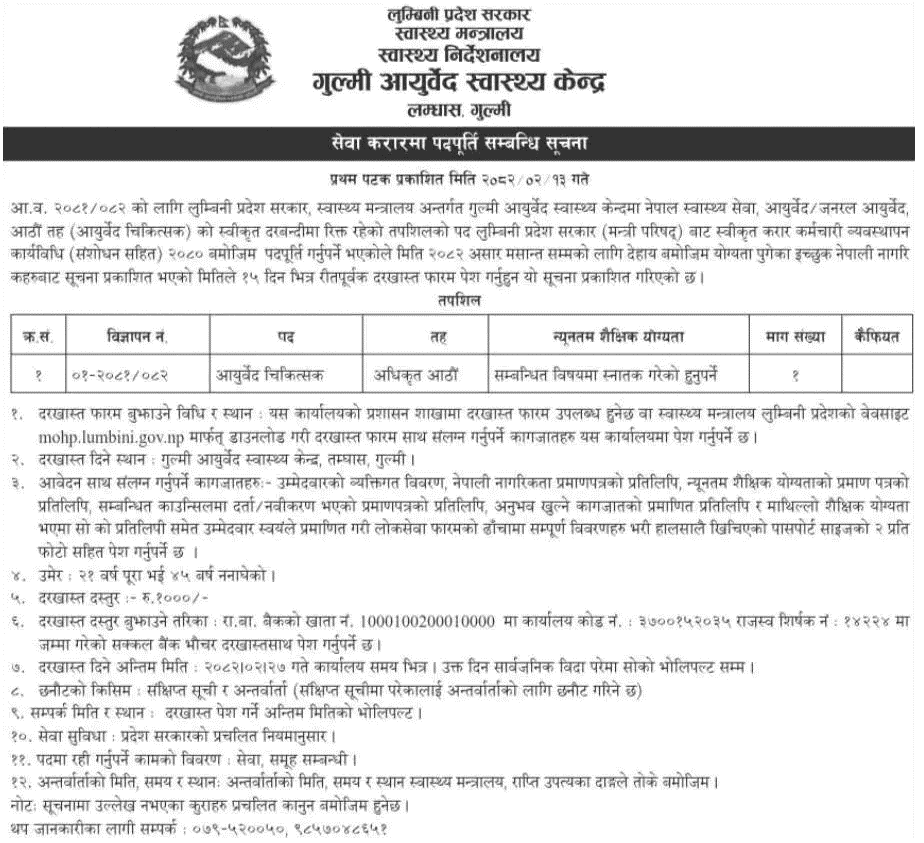 Gulmi Ayurveda Health Center Vacancy for Ayurveda Doctor