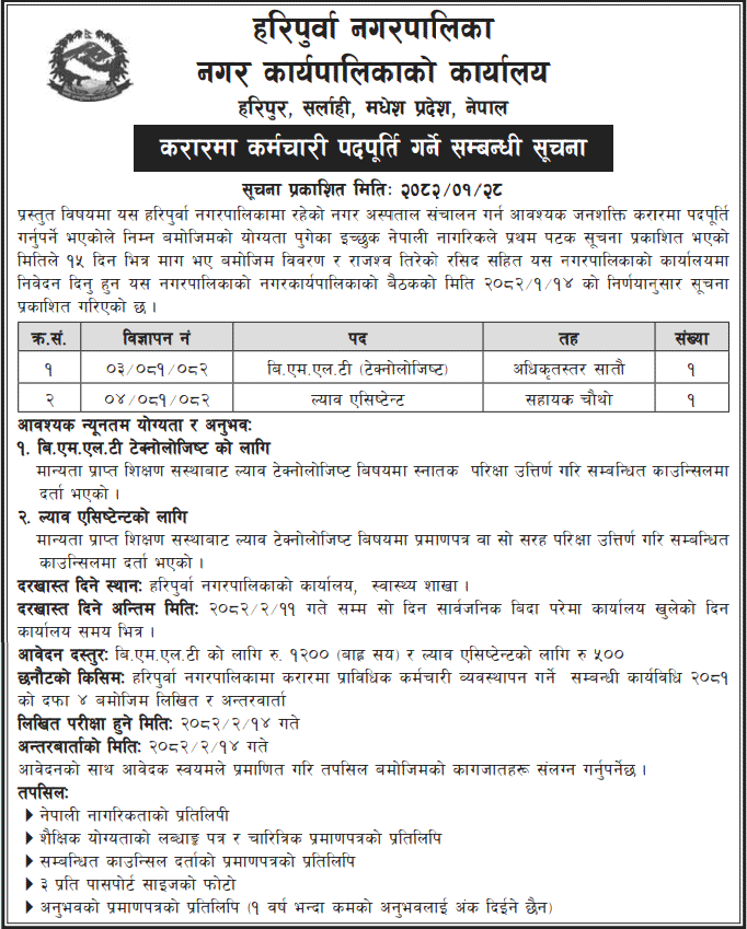 Haripurwa Municipality Vacancy for Lab Assistant and BMLT Technologist 