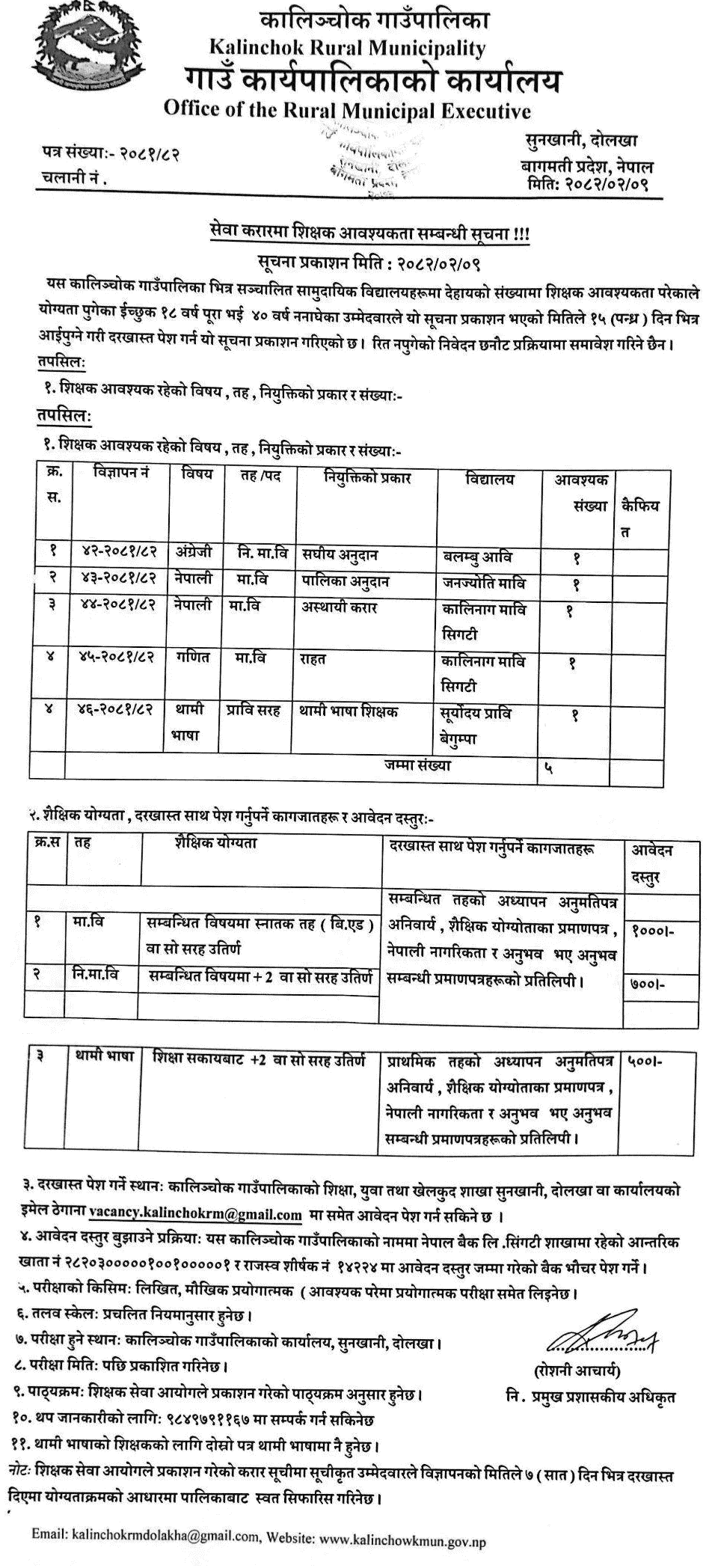 Kalinchok Municipality Teacher Vacancy Notice 2082 