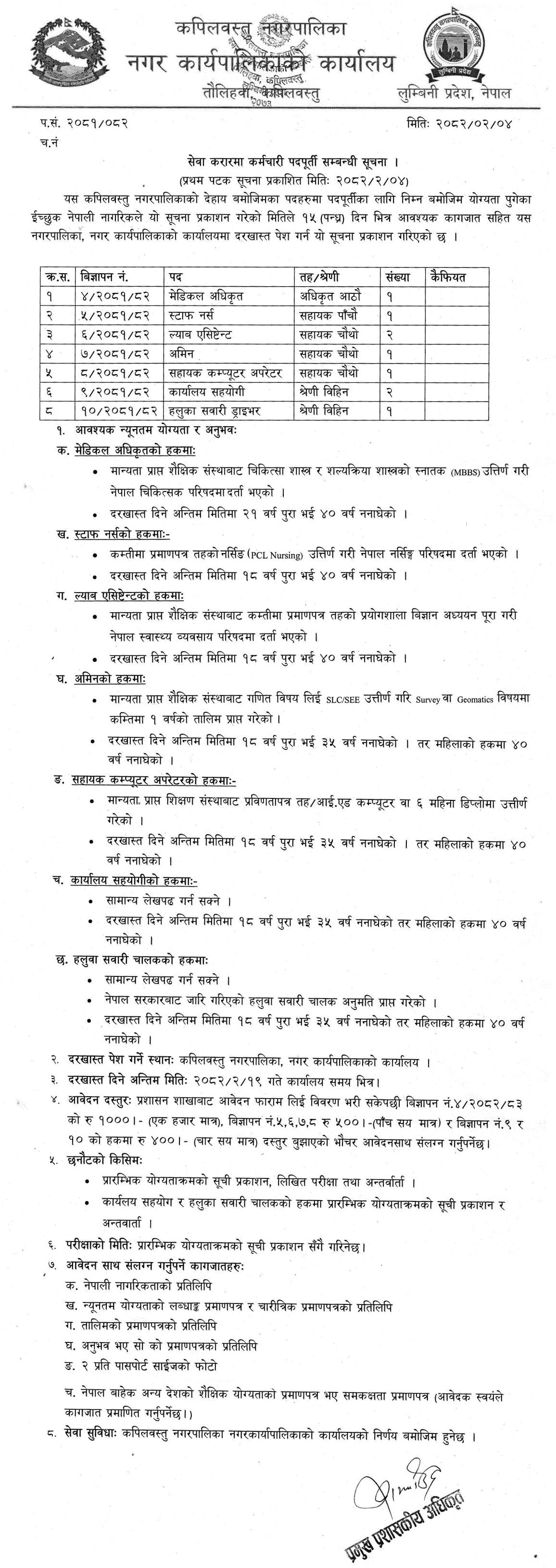 Kapilvastu Municipality Contract-Based Job Vacancy Notice 
