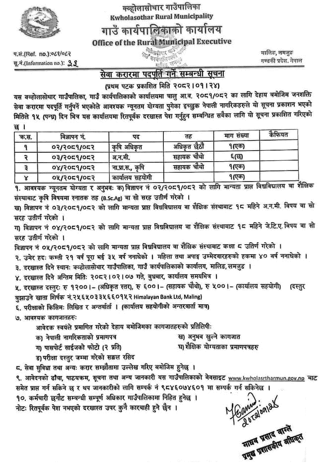 Kwholasothar Rural Municipality Service Contract Vacancies 