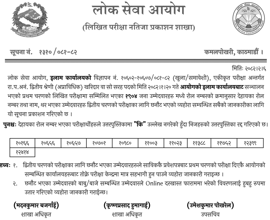 Lok Sewa Aayog Ilam Kharidar First Phase Result 2082 