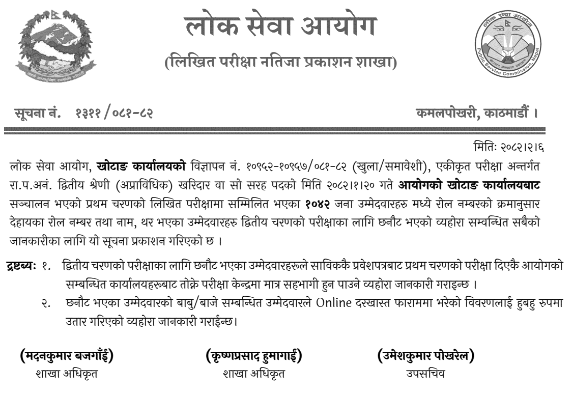Lok Sewa Aayog Khotang Kharidar First Phase Result 2082 