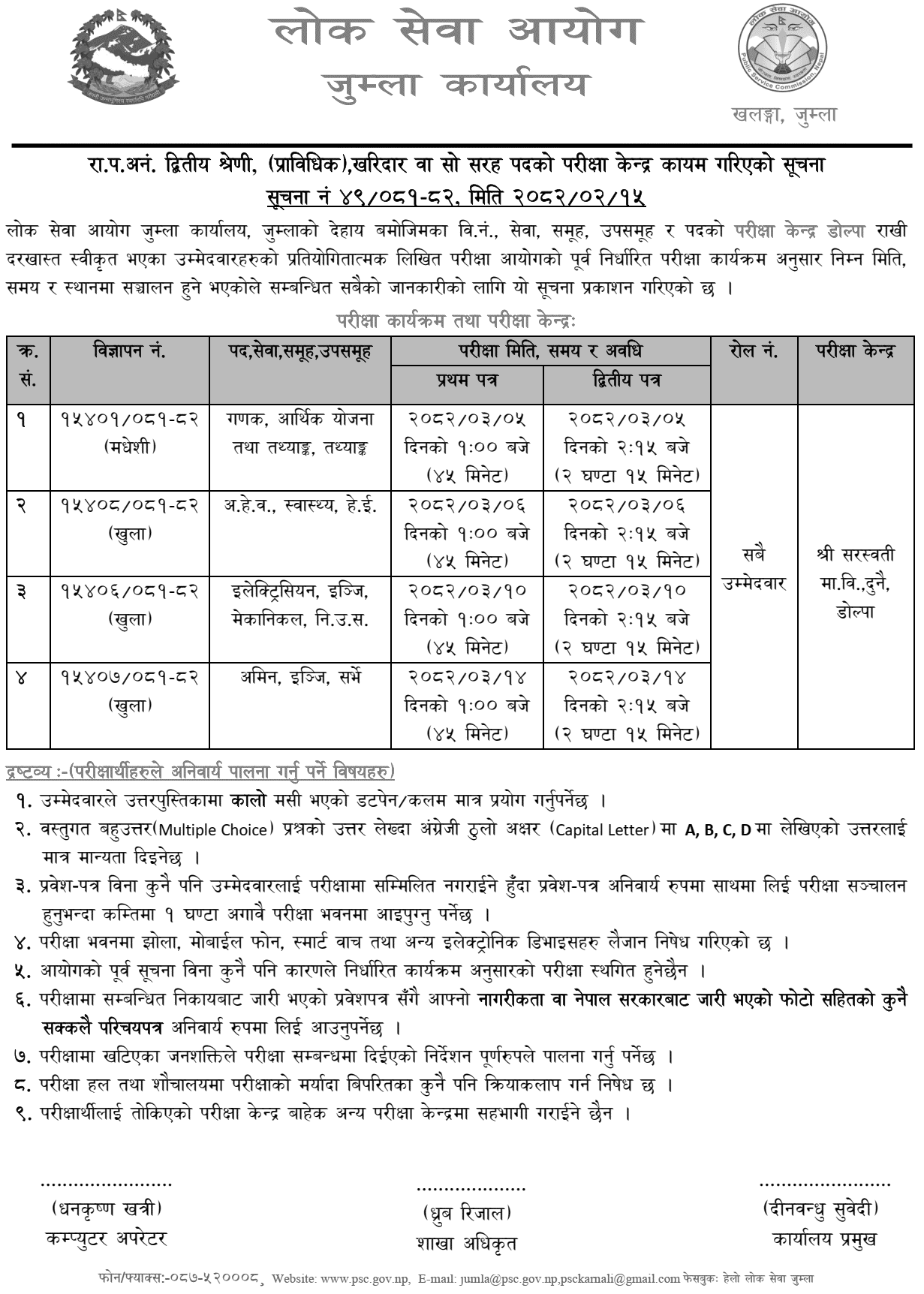 Lok Sewa Aayog Prabidhik Kharidar First Phase Exam Centers Dolpa 