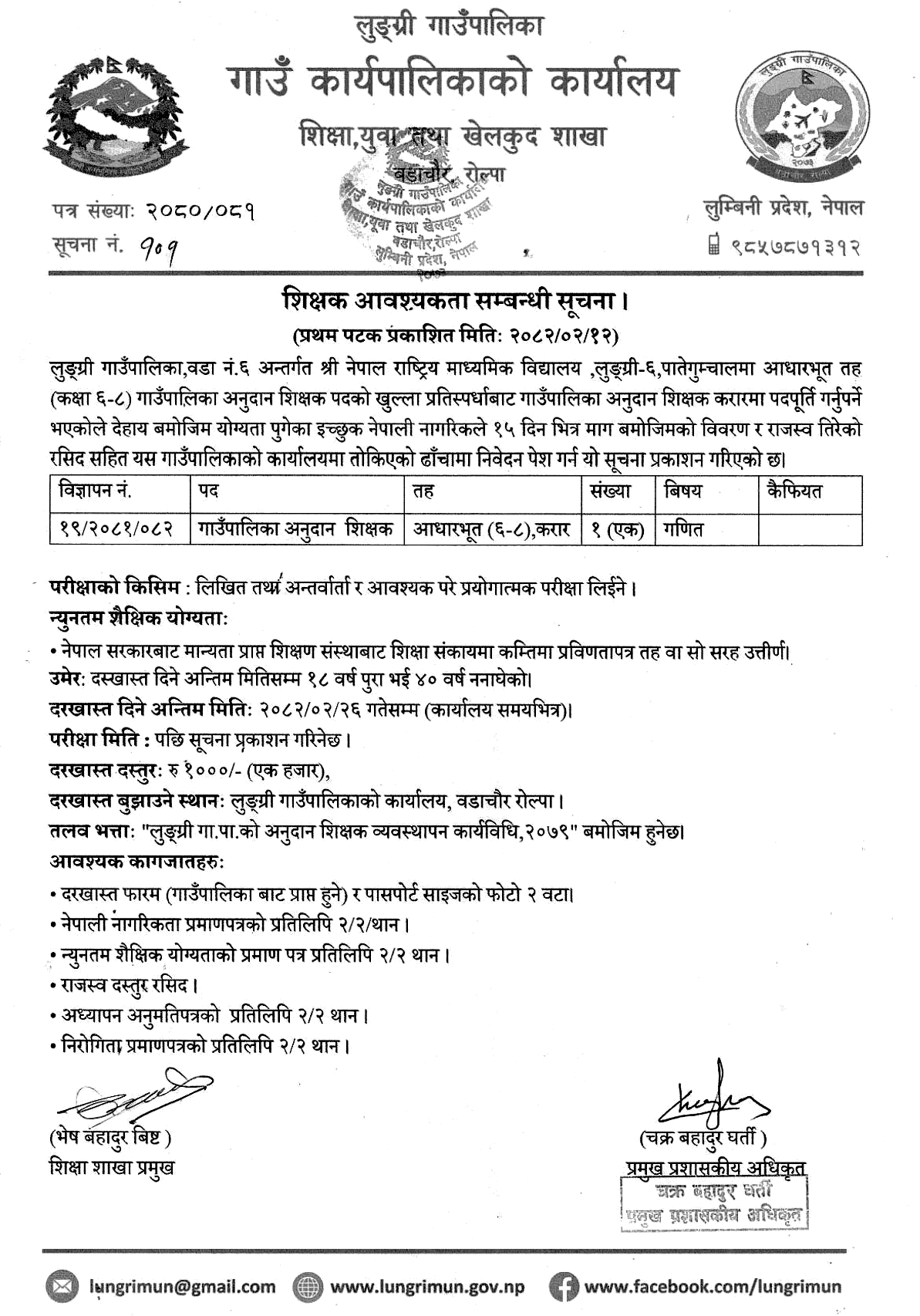 Lungri Rural Municipality Teacher Vacancy 2082 