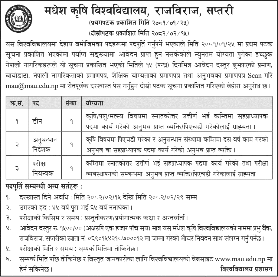 Madhesh Agriculture University Vacancy for Dean, RD, and Exam Controller 