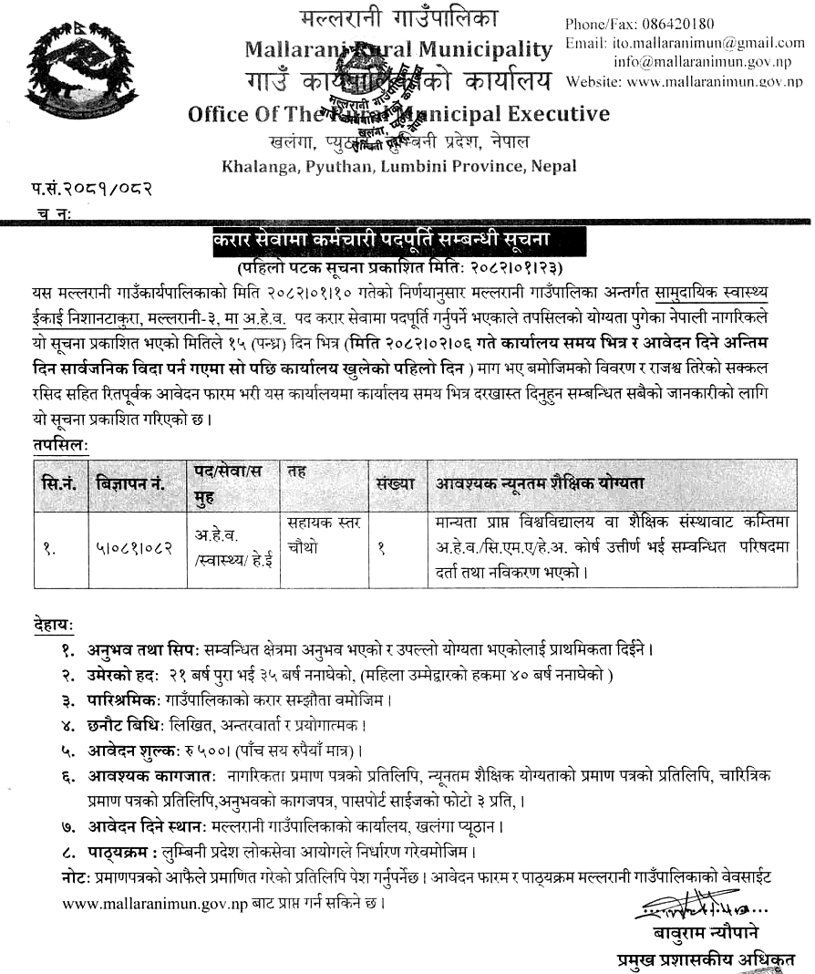 Mallarani Rural Municipality AHW Vacancy 2082 