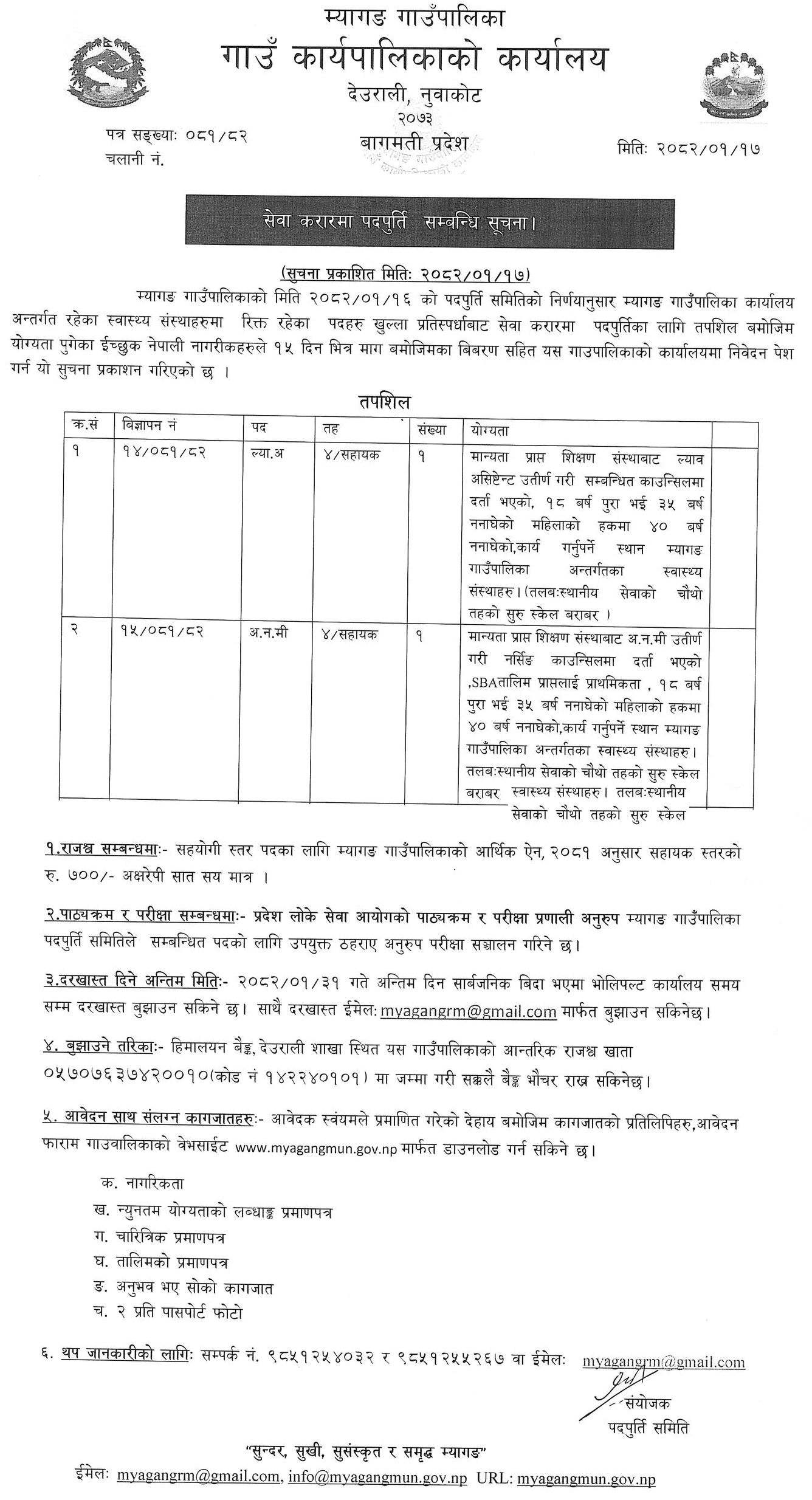 Myagang Rural Municipality Vacancy for ANM and Lab Assistant 