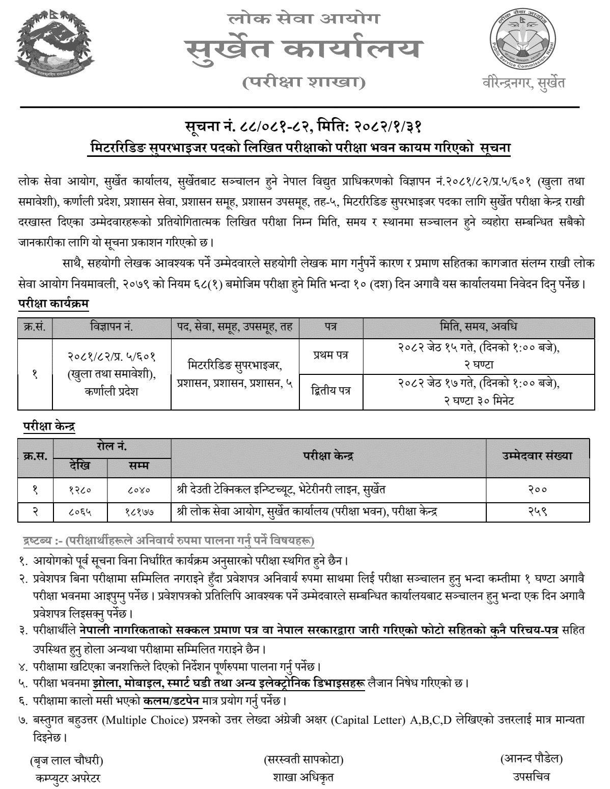 NEA Meter Reading Supervisor Exam Centers Surkhet 2082 