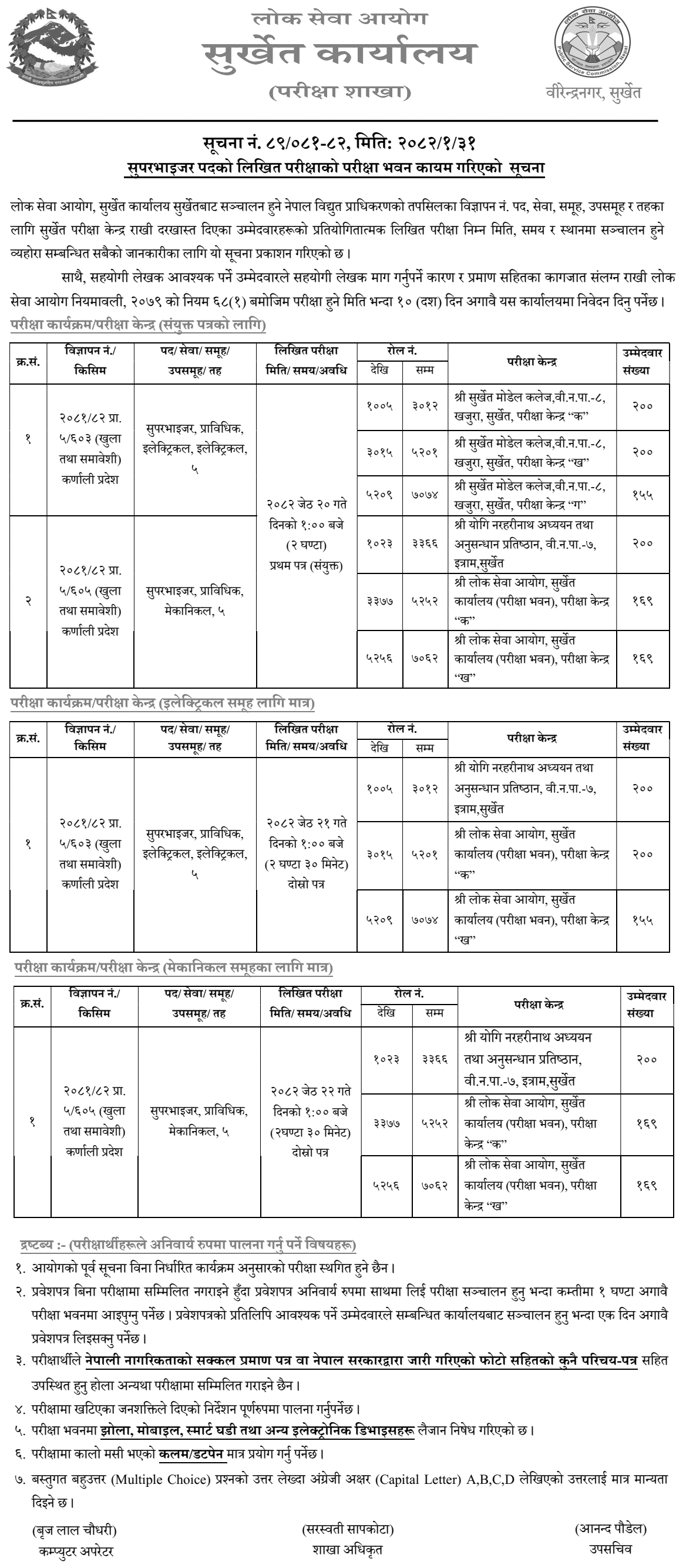 NEA Supervisor Exam Centers Announced Surkhet 2082 