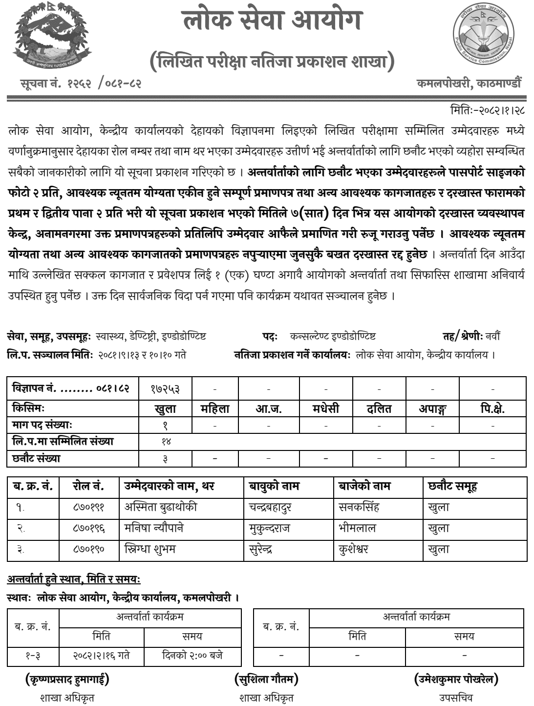 PSC Published Written Exam Result of Consultant Endodontist 