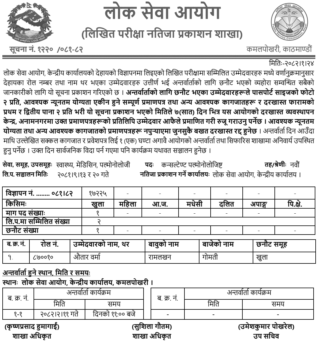 PSC Written Result of Consultant Pulmonologist Post 2082 