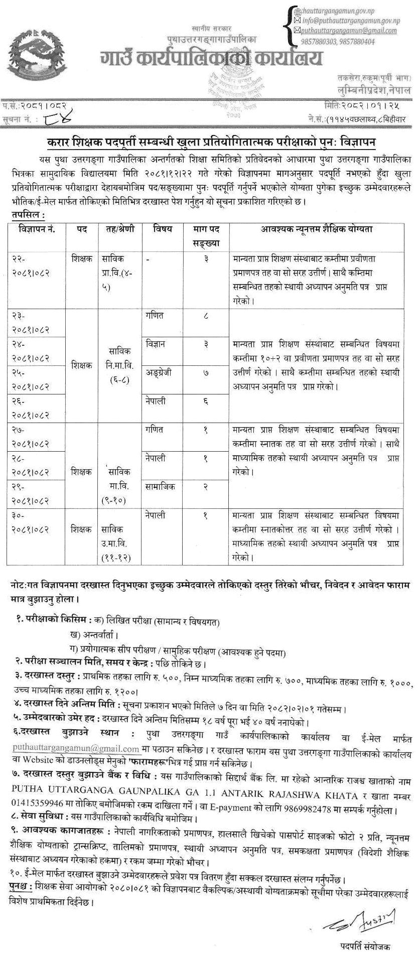 Putha Uttarganga Contract Teacher Recruitment Notice 2082 